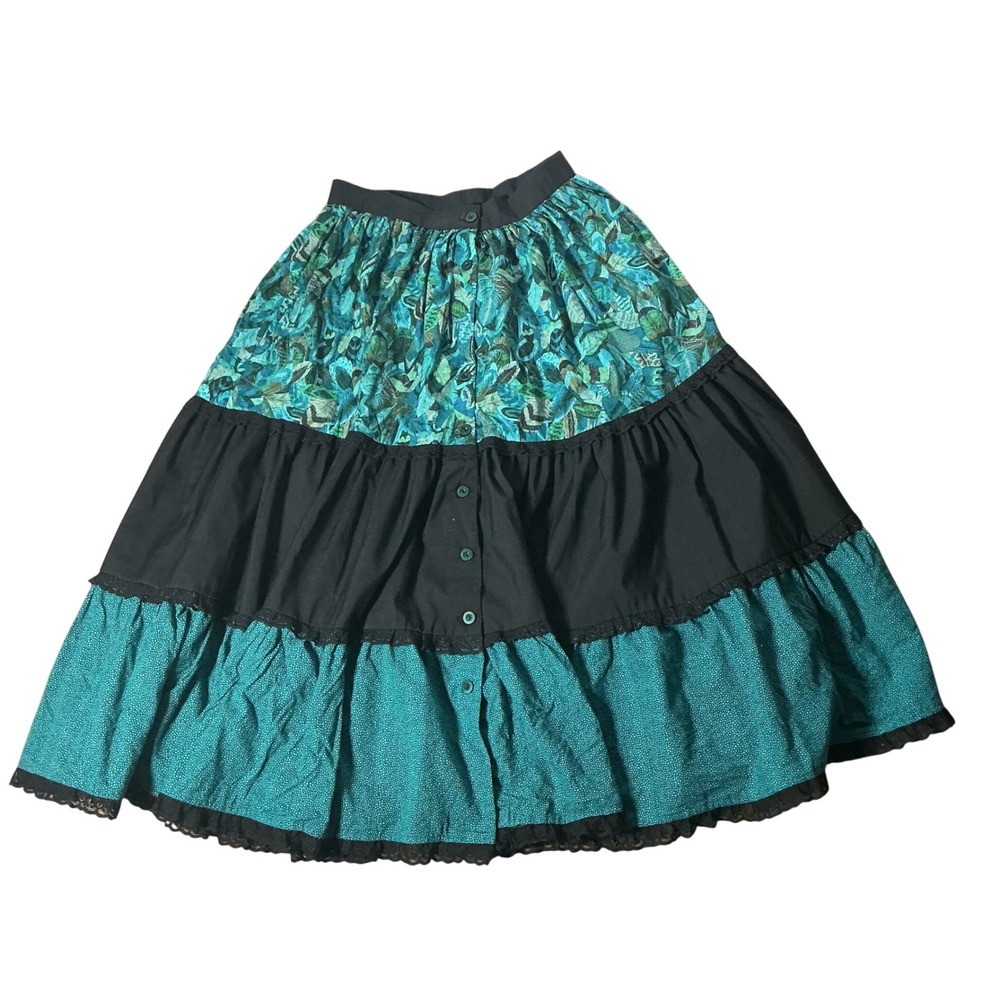 Vintage Prairie Tiered Maxi Skirt Womens M Teal Black Lace Ruffle Boho
